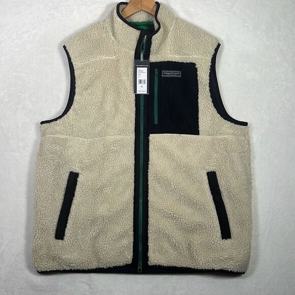 Vineyard Vines Vest Sherpa Fleece Deep Pile Stone Full Zip NWT Men Size XL - Picture 1 of 10